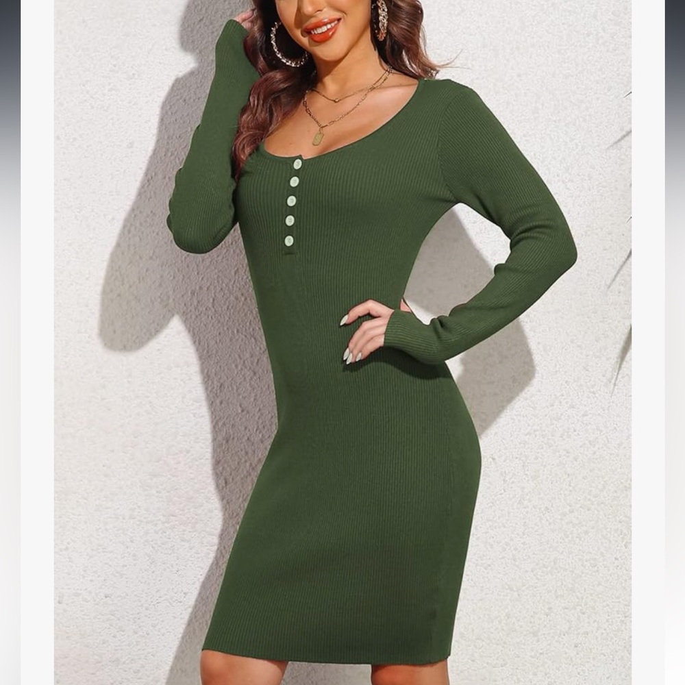 Women's Long Sleeve Green Knit Sweater Dress
